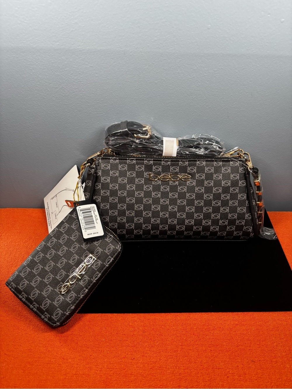Bebe Adele Black Baguette Signature Monogram Crossbody Bag and Wallet Set